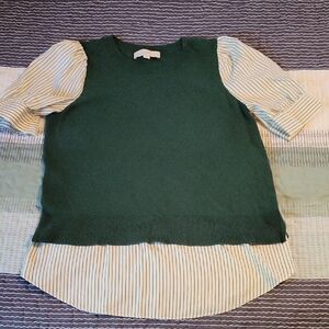 LOFT Forest Green and Cream Striped Blouse